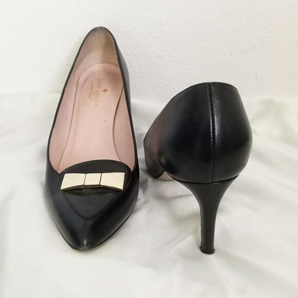 Kate Spade Gold Bow Black Leather Pumps High Heels Pointed Toe Embellished 7 B - Picture 4 of 10